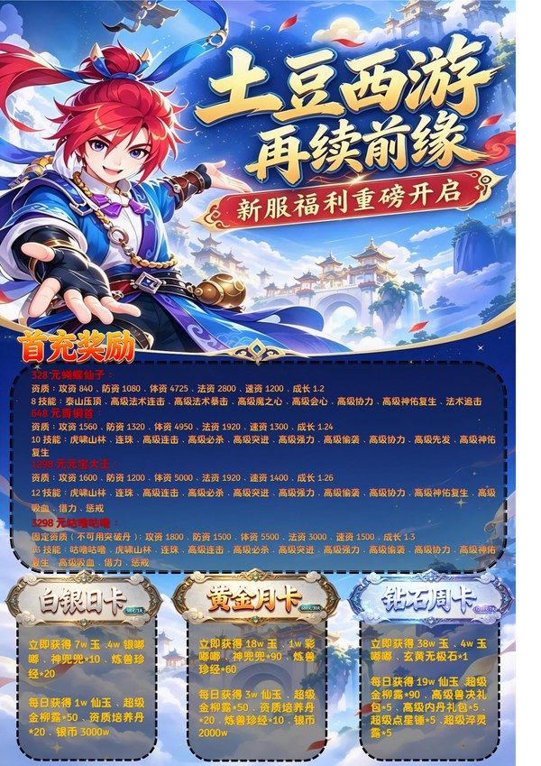 土豆西游新服首充奖励与日卡、月卡、周卡介绍海报（一）